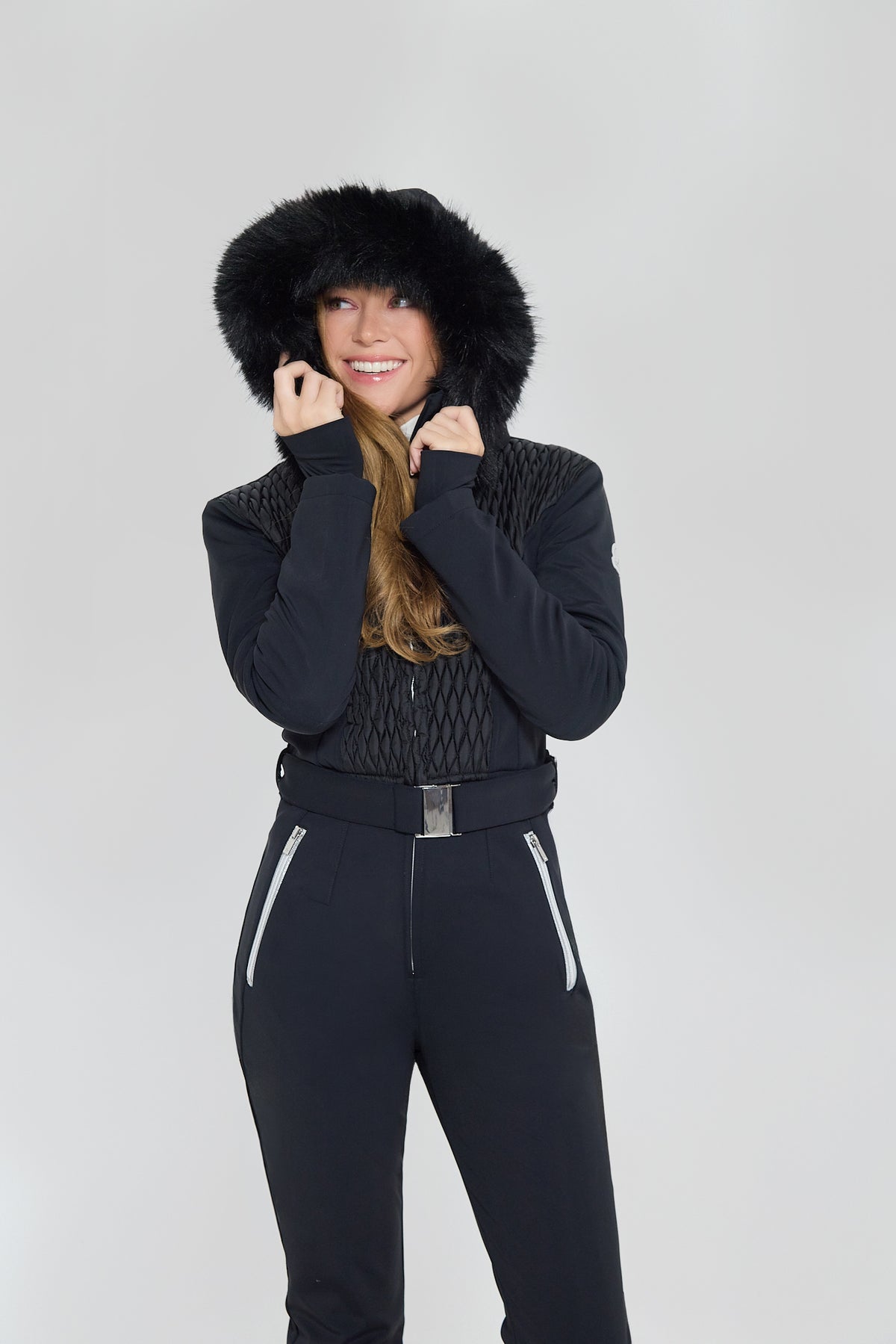 Élégance Cortina Ski Suit - hood up close-up
