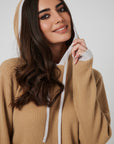 Rib Trim Cashmere Hoodie - Camel / Pearl Grey